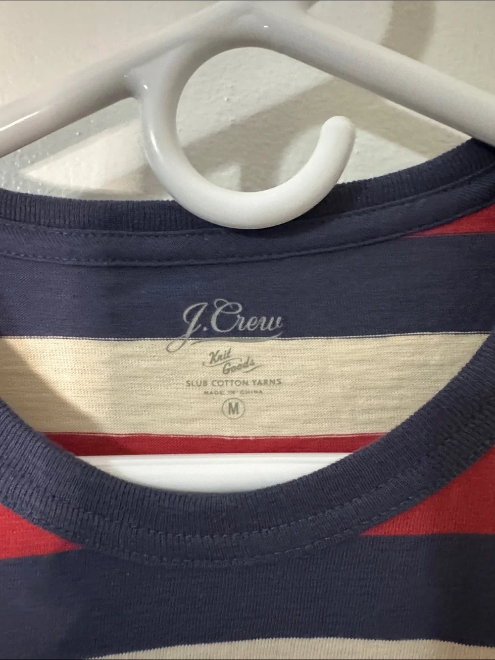J. Crew Men’s Medium Slub Cotton Navy, Red & Cream Striped Short-Sleeve Tee NWT